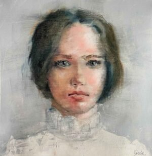 Silent Gaze, contemporary female portrait painting for sale by Dario Moschetta, acrylic and pastel on canvas 40x40cm