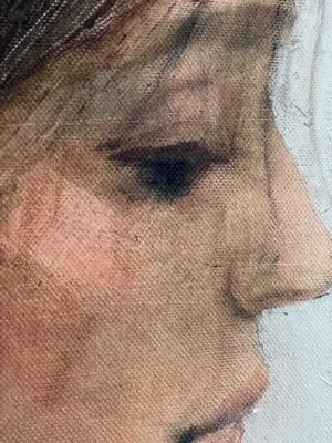 Close-up of female face and eye in Silent Profile – contemporary portrait painting on canvas