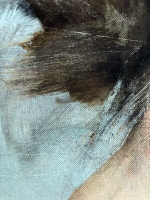 Detail of hair texture in Silent Profile – female portrait artwork for sale, acrylic and pastel on canvas
