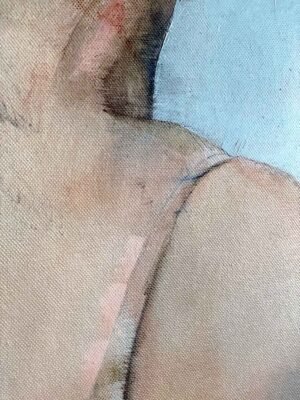 Detail of shoulder and fabric texture in Silent Profile – original female portrait artwork for sale