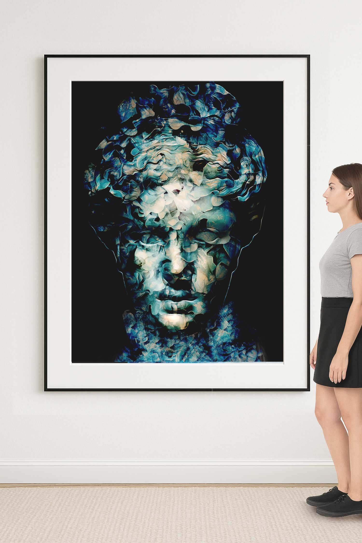 Bold reinterpretation of a classical blue bust – large giclée fine art print by Dario Moschetta