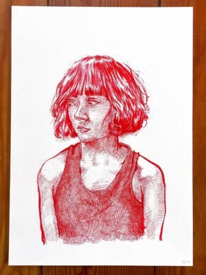 female red ink drawing Silent Red by Dario Moschetta, original portrait on A4 paper