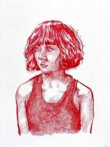 female red ink drawing for sale by Dario Moschetta titled Silent Red, original portrait artwork