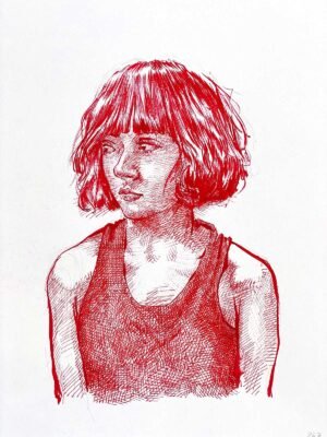 female red ink drawing for sale by Dario Moschetta titled Silent Red, original portrait artwork