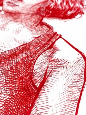 female red ink drawing by Dario Moschetta highlighting cross-hatching and expressive red tones