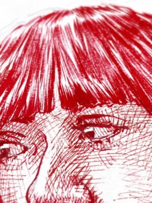 female red ink drawing by Dario Moschetta titled Silent Red, close-up of hair and eyes in fine cross-hatching