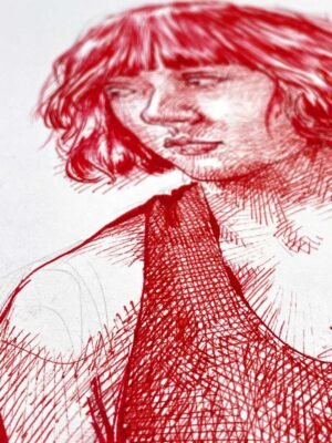detail of female red ink drawing Silent Red showing hand-drawn red ink line technique
