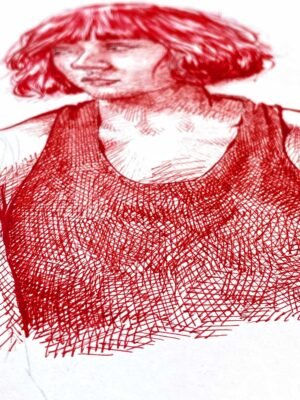 close-up detail of female red ink drawing showing shirt texture and fine linework