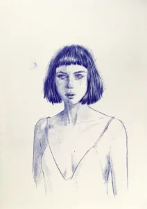 Blue ballpoint portrait drawing for sale by Dario Moschetta – original female bust study on A4 fine art paper.