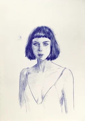 Blue ballpoint portrait drawing for sale by Dario Moschetta – original female bust study on A4 fine art paper.
