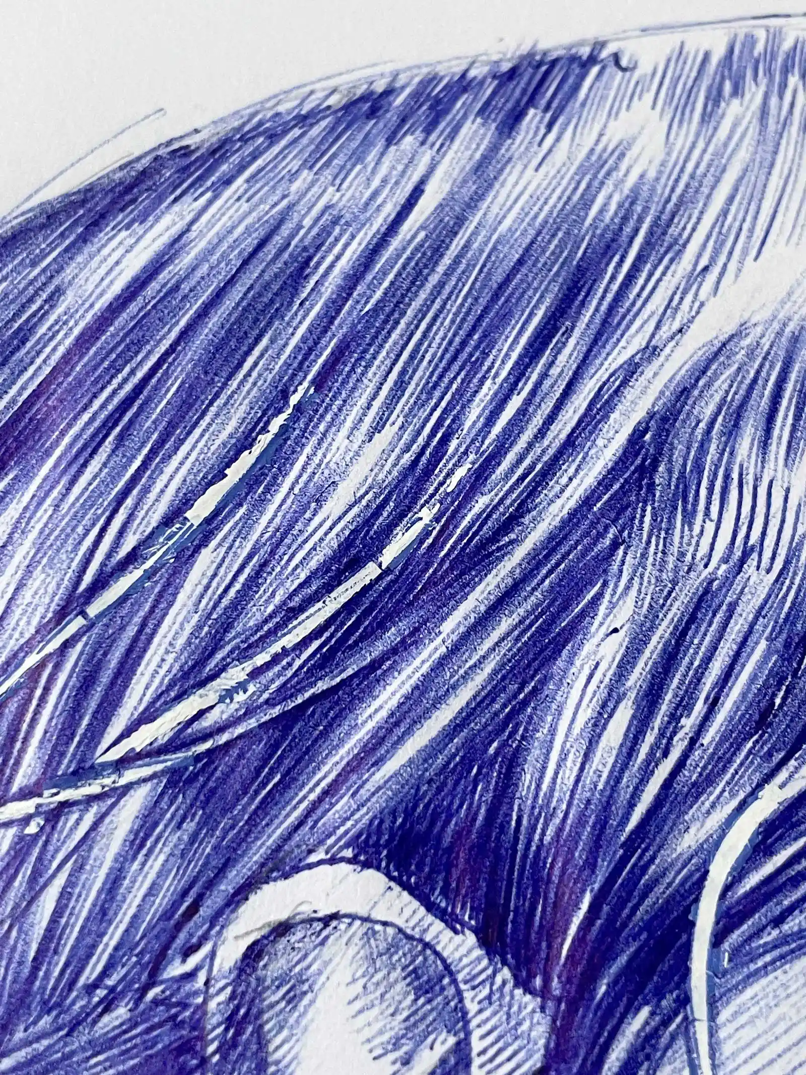Close-up of hair texture in blue ballpoint female portrait drawing on paper