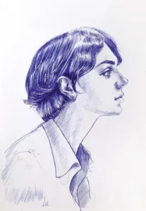 Blue ballpoint female portrait drawing on paper by Dario Moschetta – side profile artworkv
