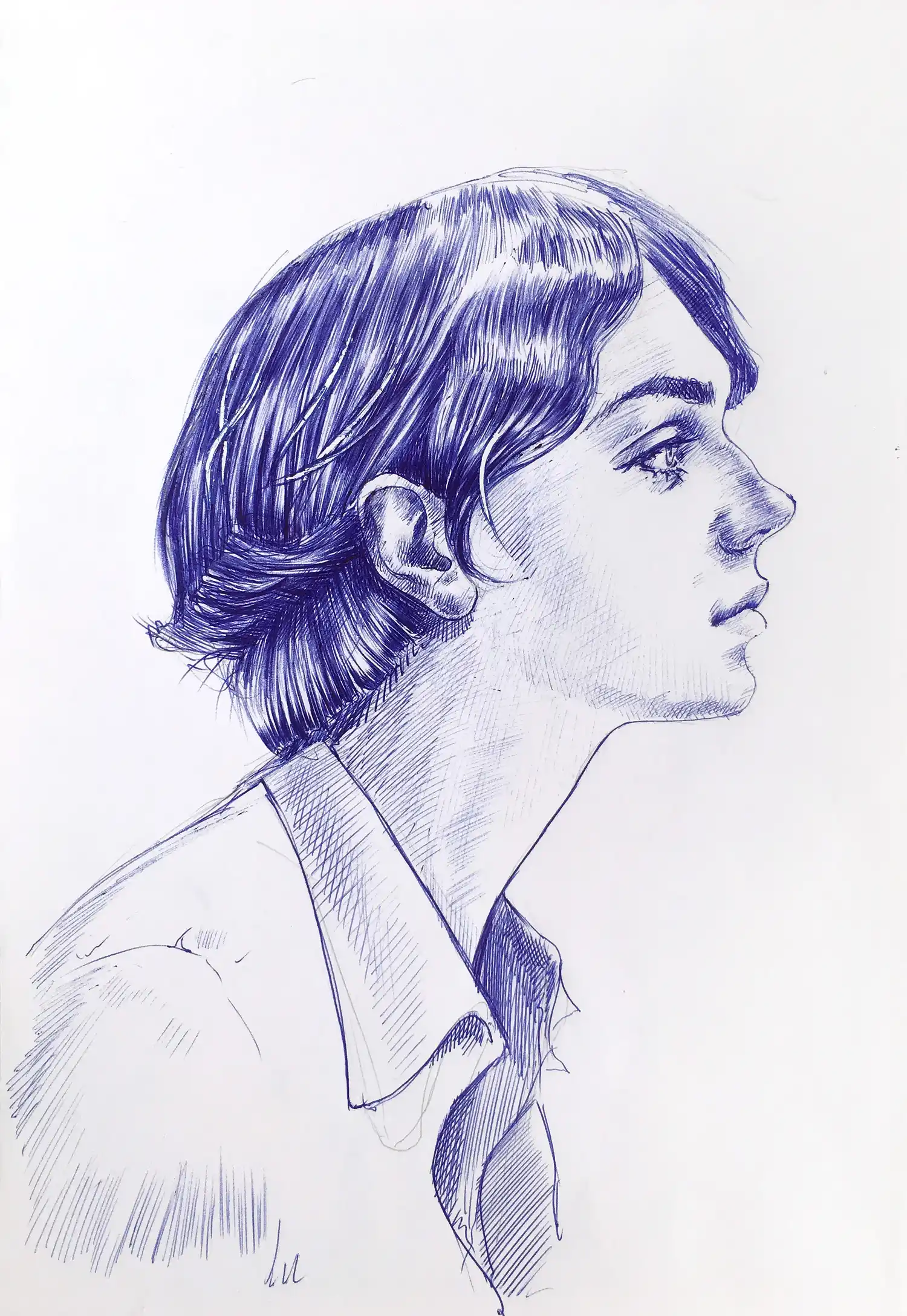 Blue ballpoint female portrait drawing on paper by Dario Moschetta – side profile artworkv