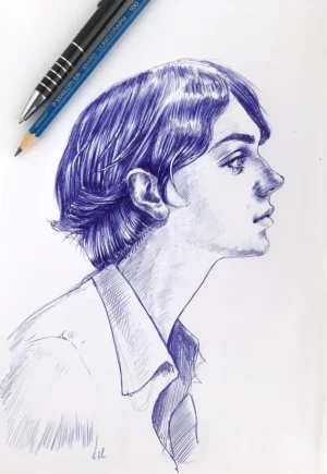 Female portrait drawing in blue ballpoint pen with pencil beside – original artwork by Dario Moschetta