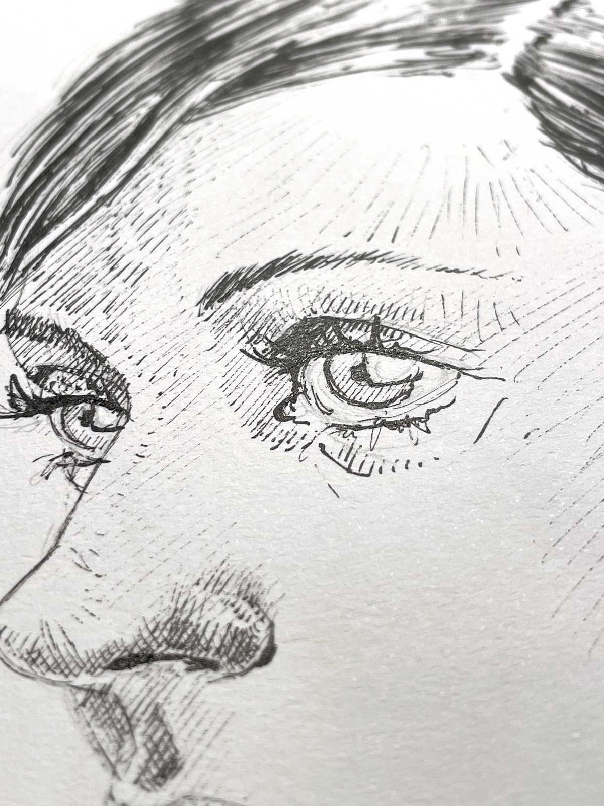 Eye detail from black ink female portrait drawing “Quiet Line” – expressive linework and shading