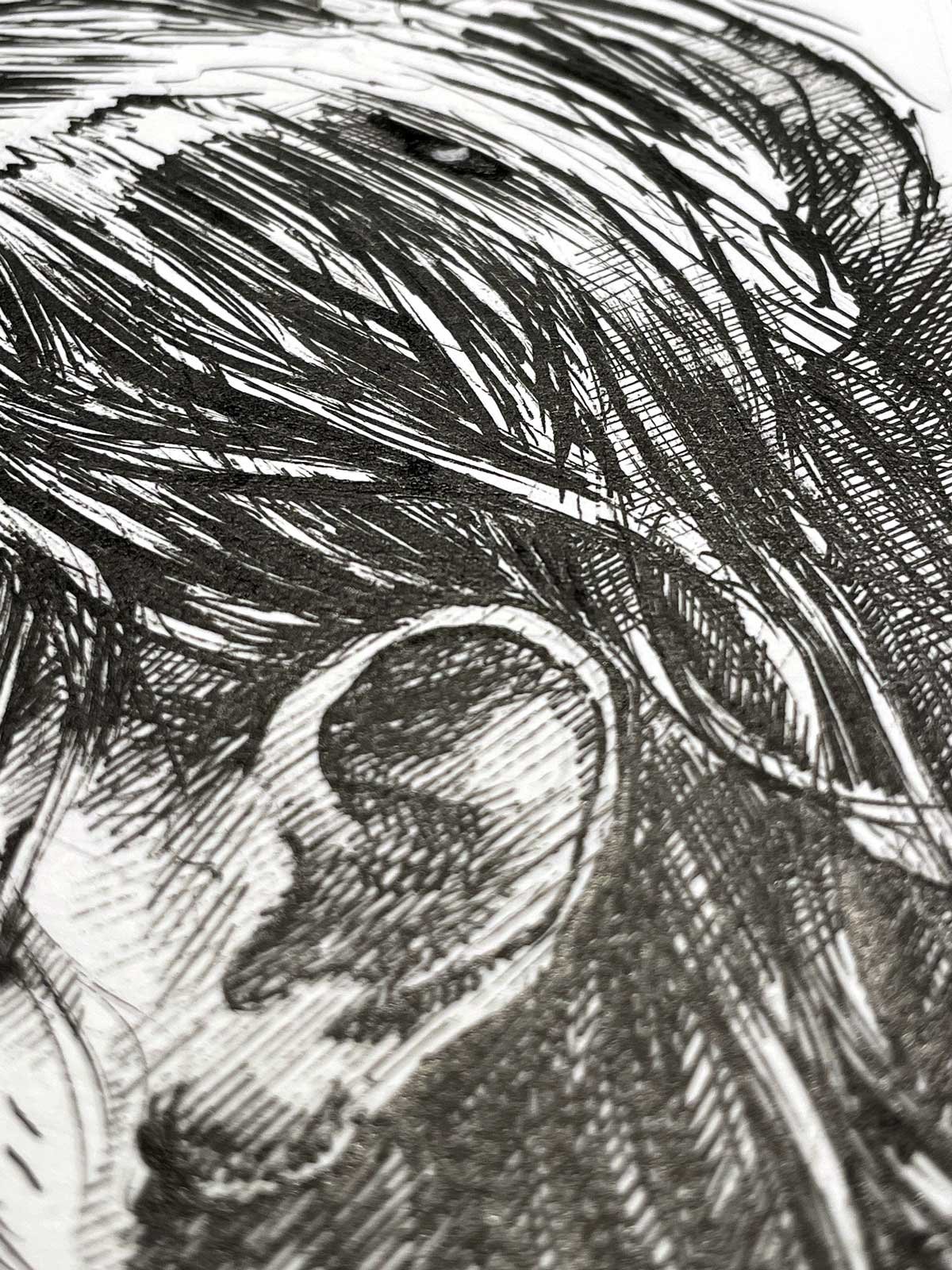 Close-up of hair texture and ink strokes from “Quiet Line” – female portrait drawing on paper