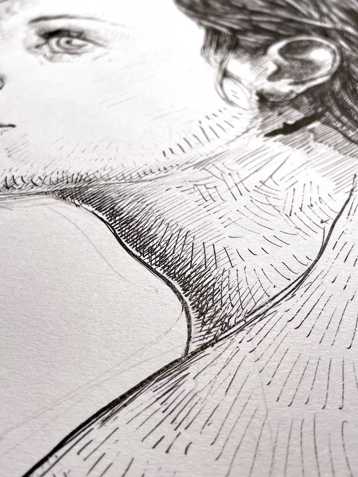 Detail of neck and shoulder from black ink female portrait drawing “Quiet Line” by Dario Moschetta