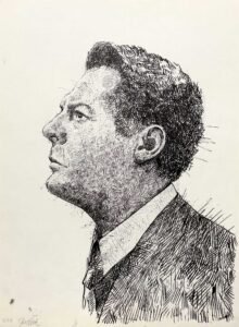 Black ink male portrait drawing of Marcello Mastroianni by Dario Moschetta, original ink artwork on A4 paper