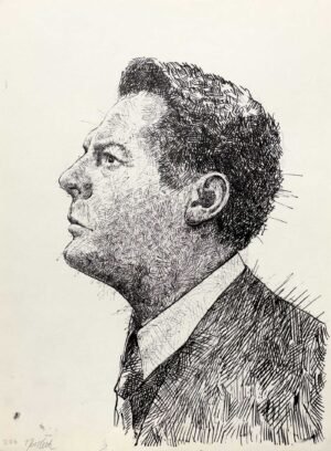 Black ink male portrait drawing of Marcello Mastroianni by Dario Moschetta, original ink artwork on A4 paper