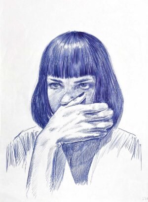 Blue ballpoint portrait drawing for sale by Dario Moschetta – Mia Wallace portrait inspired artwork in blue ink on paper