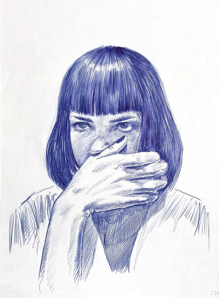 Blue ballpoint portrait drawing for sale by Dario Moschetta – Mia Wallace portrait inspired artwork in blue ink on paper