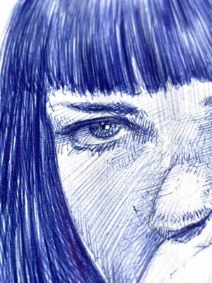 Close-up of Mia Wallace portrait in blue ballpoint drawing by Dario Moschetta – expressive eyes and fine cross-hatching detail