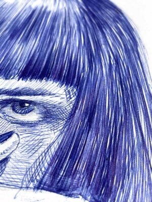 Detail of hair texture and ink linework in blue ballpoint portrait drawing for sale by Dario Moschetta – realistic blue ink technique