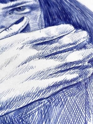 Close-up of hand and shading detail in Mia Wallace blue ballpoint portrait drawing for sale by Dario Moschetta – intricate ink texture