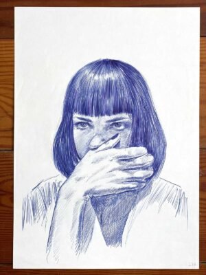 Mia Wallace blue ballpoint portrait drawing for sale by Dario Moschetta – original hand-drawn artwork on white paper