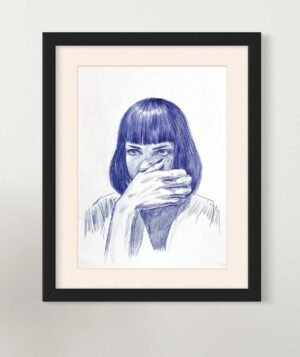 Blue ballpoint portrait drawing for sale by Dario Moschetta – framed Mia Wallace portrait artwork displayed on wall
