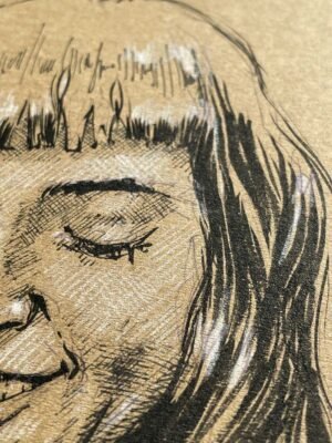 Close-up of contemporary female nude artwork highlighting expressive ink and pastel technique