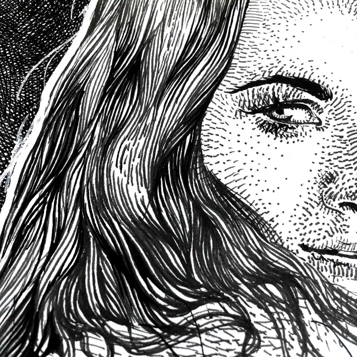 close-up of female ink portrait for sale showing face detail by Dario Moschetta