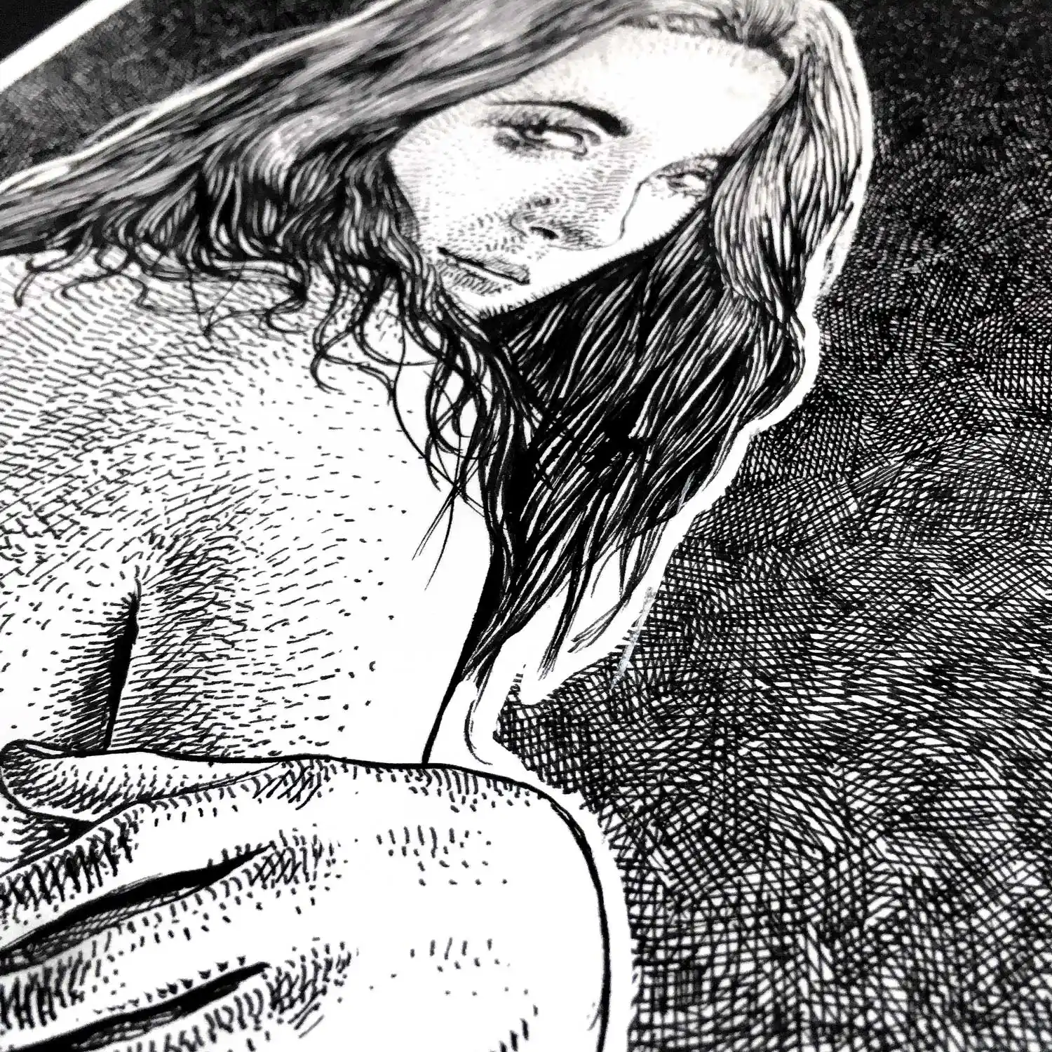 hand detail of female ink portrait for sale by Dario Moschetta, fine cross-hatching technique