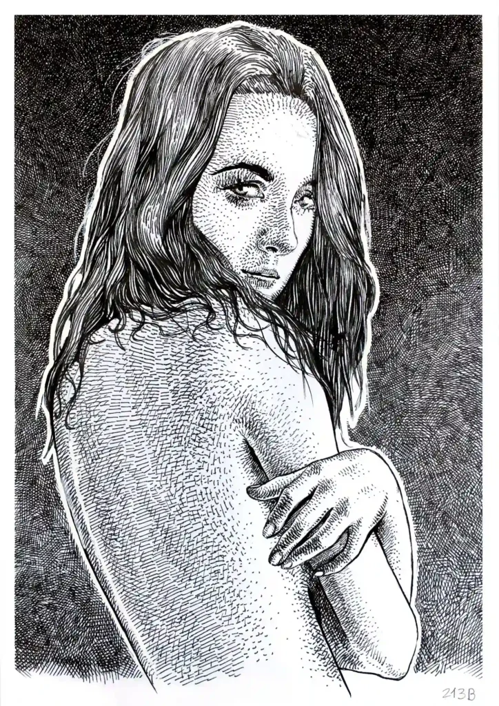 female ink portrait for sale titled 213B by Dario Moschetta, original drawing on 240gsm paper