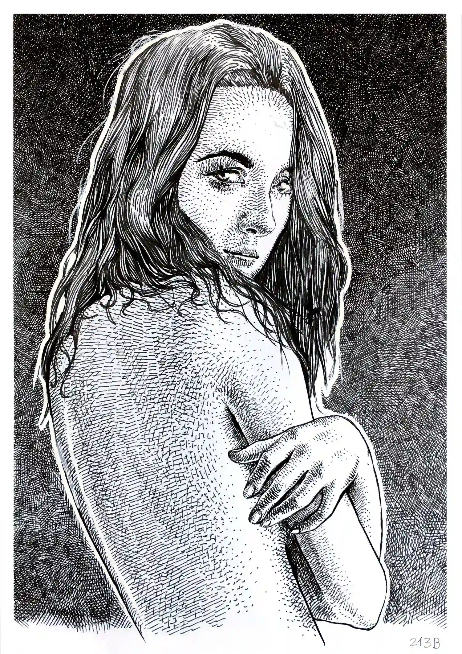 female ink portrait for sale titled 213B by Dario Moschetta, original drawing on 240gsm paper