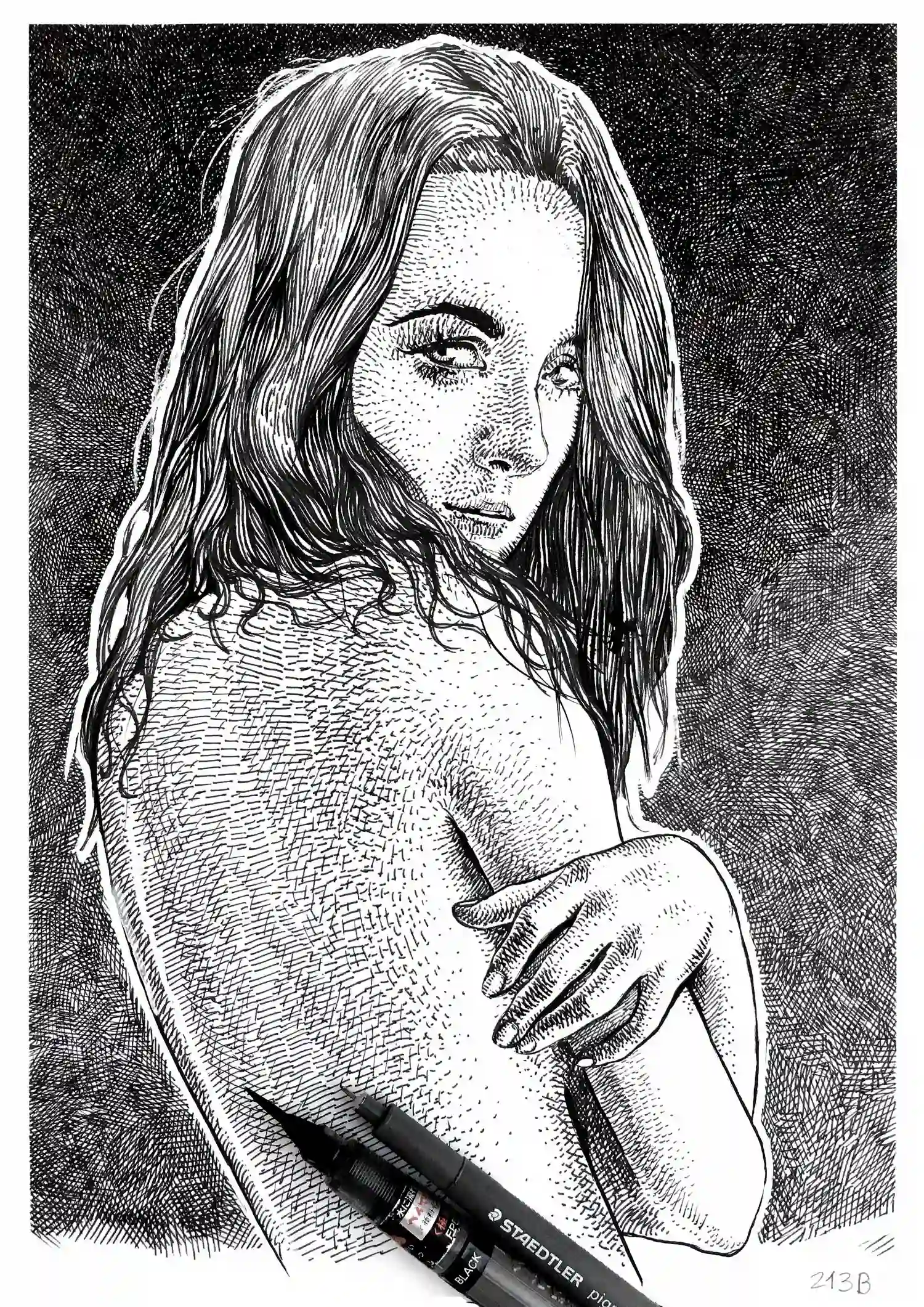 female ink portrait for sale with Staedtler pens by Dario Moschetta