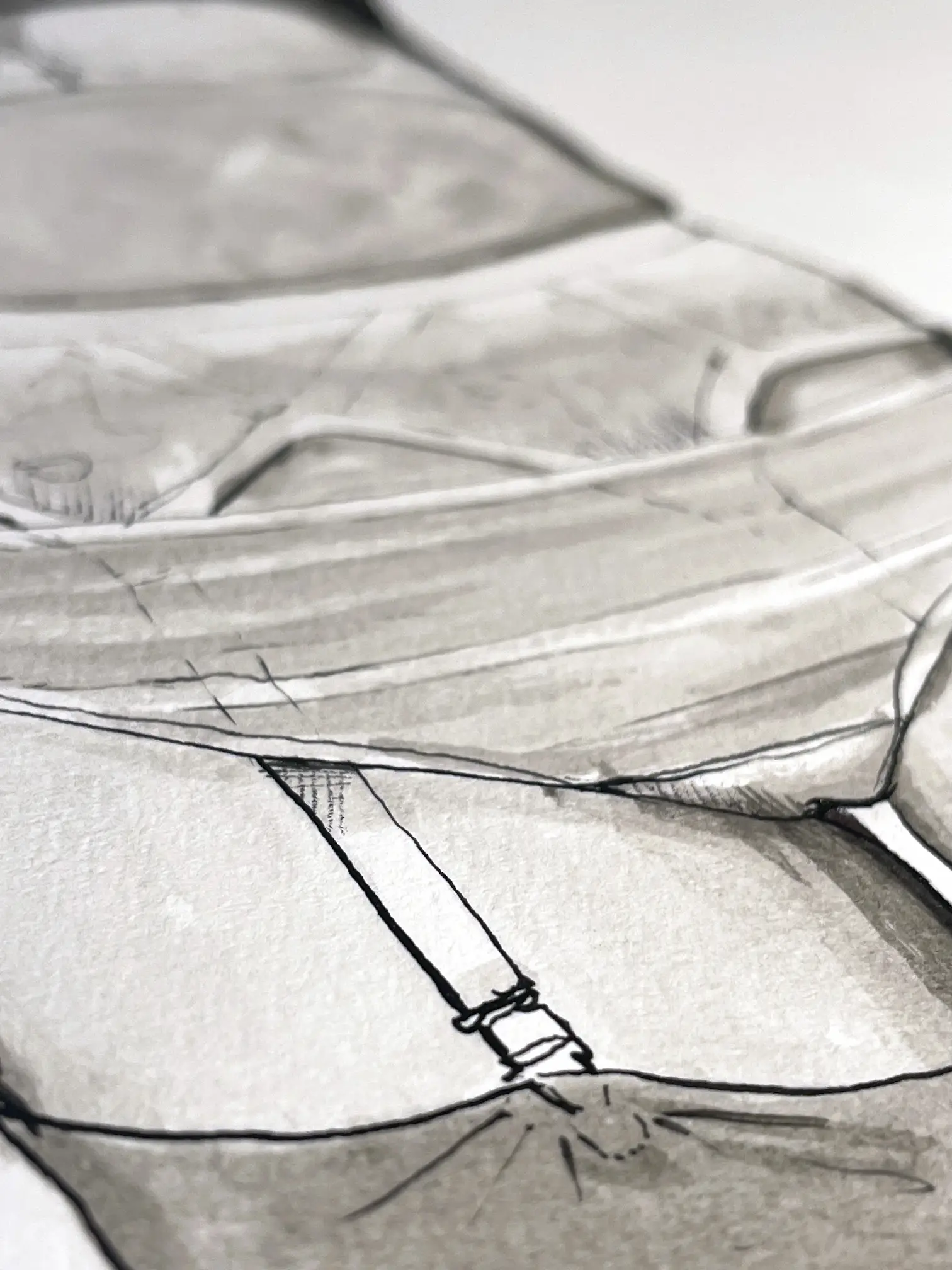 close-up of lingerie straps in female ink drawing on paper – contemporary artwork by Dario Moschetta