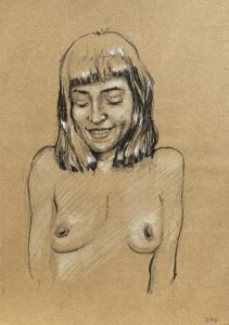 Contemporary female nude drawing in ink and pastel on brown paper by Dario Moschetta