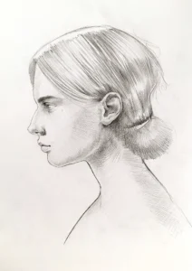graphite portrait drawing for sale, female profile pencil artwork on 300gsm paper by Dario Moschetta