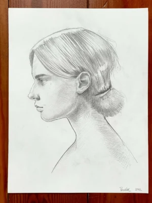 full view of graphite portrait drawing for sale, elegant female profile on white background by Dario Moschetta