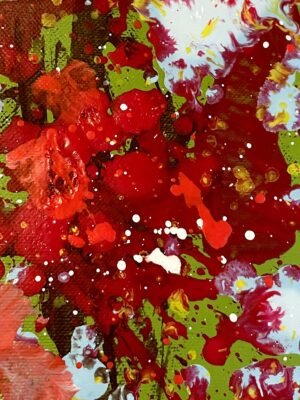 detail of In Bloom abstract floral painting showing layered textures and red blossoms
