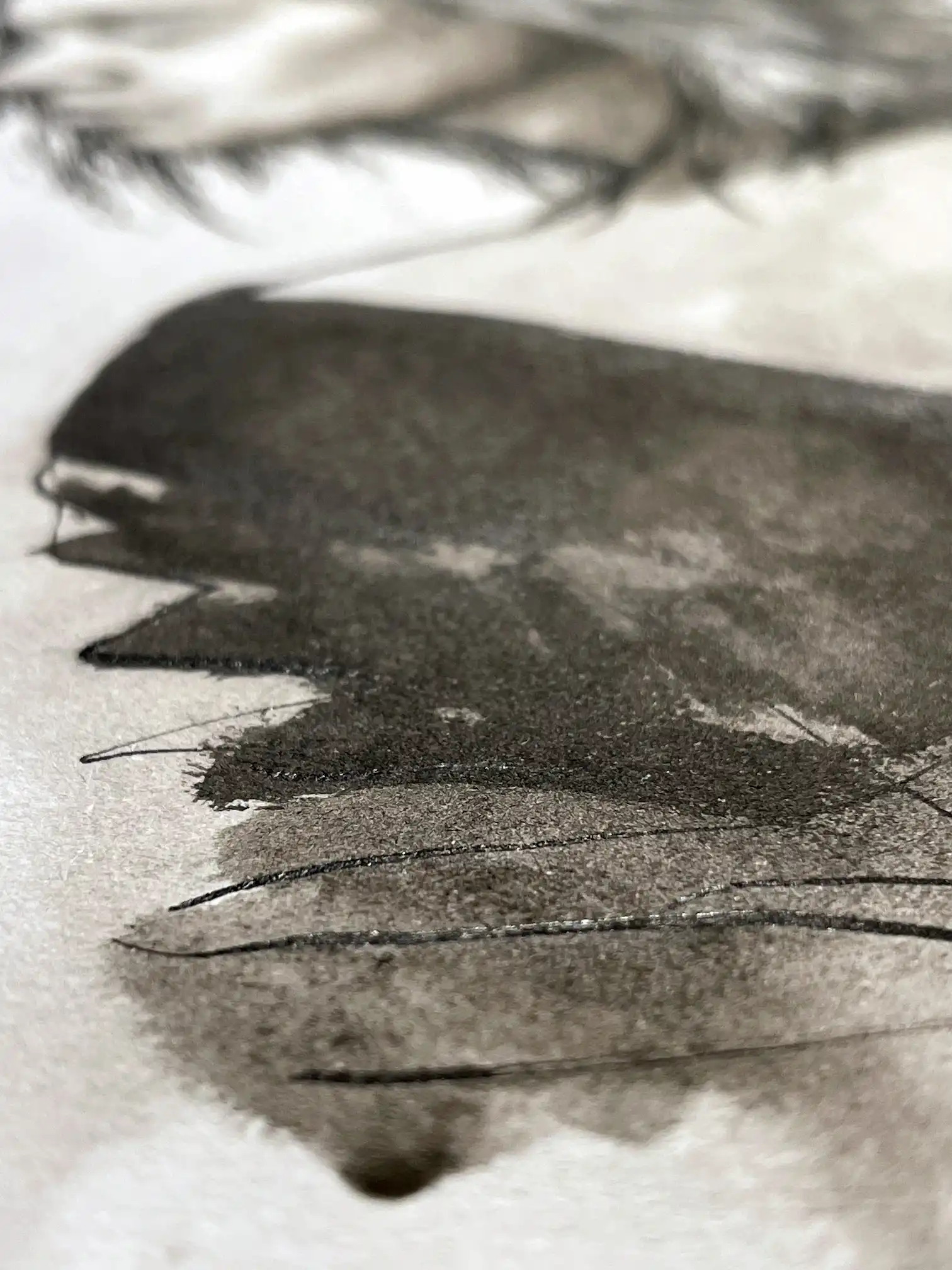 Detail of ink and watercolor portrait showing expressive brushwork and tonal depth — original portrait drawing for sale.