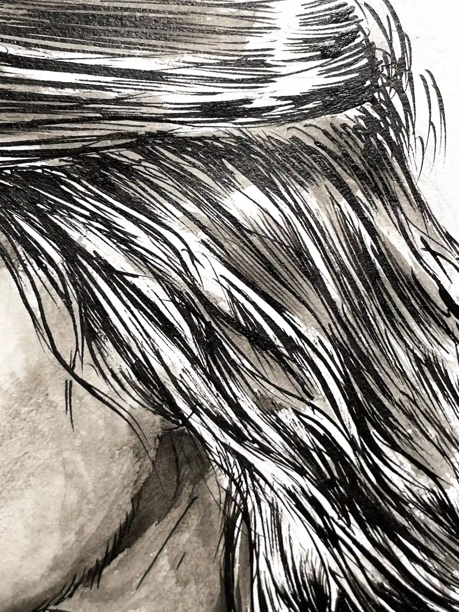 Close-up of hair and ink lines from Dario Moschetta’s female portrait — contemporary ink and watercolor drawing for sale.