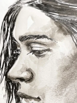 Facial detail of the ink and watercolor portrait by Dario Moschetta, highlighting delicate graphite shading.