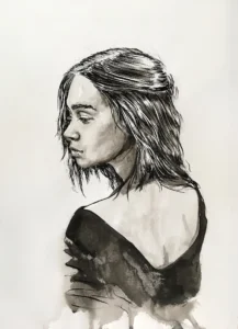 Female portrait drawing in ink and watercolor by Dario Moschetta, original artwork on 150gsm paper — ink and watercolor portrait drawing for sale