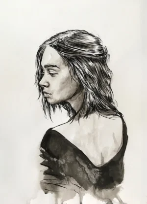 Female portrait drawing in ink and watercolor by Dario Moschetta, original artwork on 150gsm paper — ink and watercolor portrait drawing for sale
