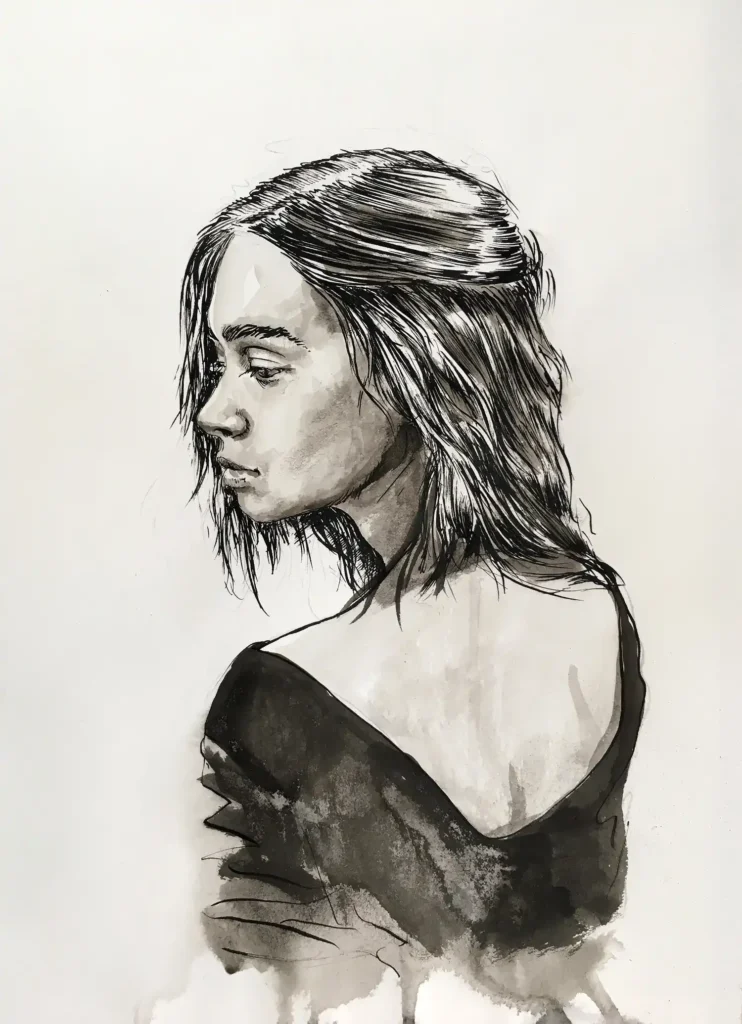 Female portrait drawing in ink and watercolor by Dario Moschetta, original artwork on 150gsm paper — ink and watercolor portrait drawing for sale