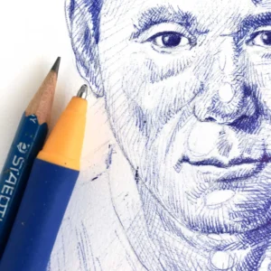 Male portrait drawing in blue ballpoint pen with fine crosshatching technique