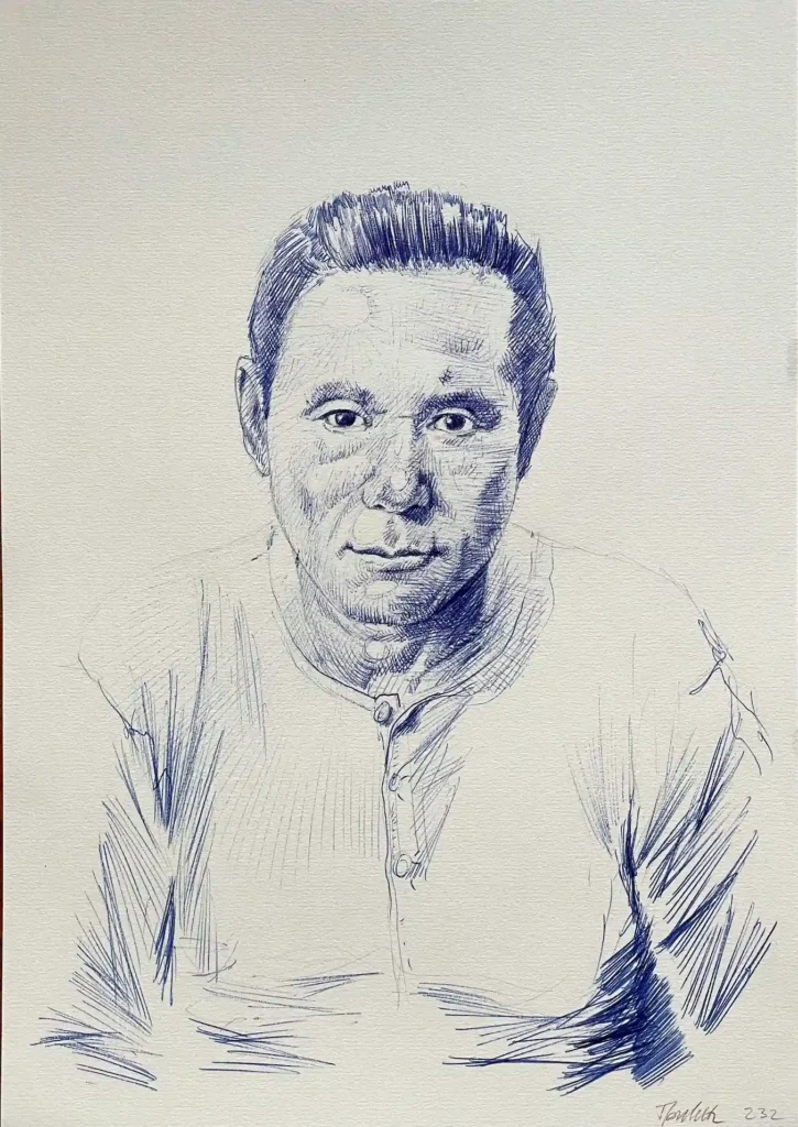 Male ballpoint portrait drawing by Dario Moschetta on white paper