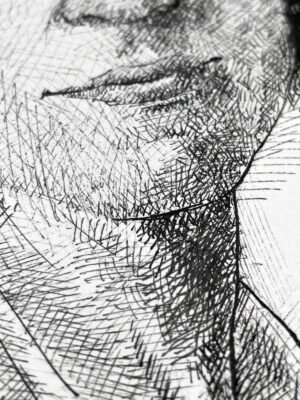 Close-up detail of Memories, contemporary female portrait ink drawing